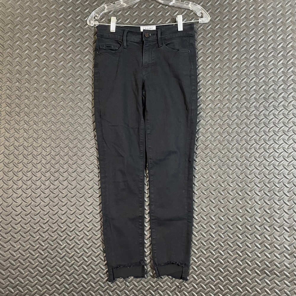 Frame Le Skinny De Jeanne Black Denim Jeans Mid Rise Women's Size 24 Raw Hem